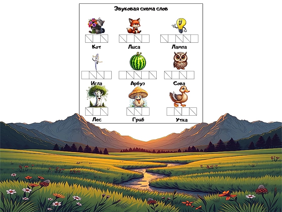 Карточки-вклейки "Звуковая схема слов" для 1 класса