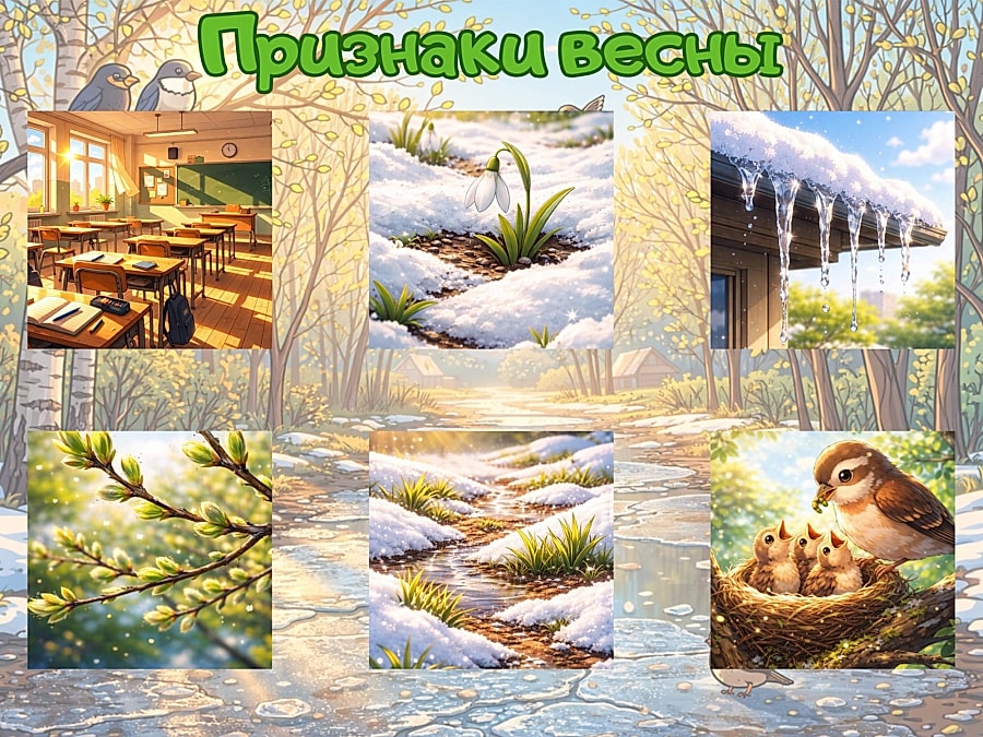 Признаки весны - карточка для урока